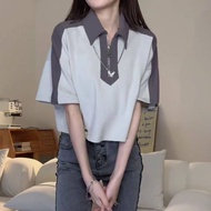 Sweet and cool Spicy Girls design sense pull chain splicing chinchilla contrast color short-sleeved 