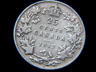 英屬加拿大銀幣-1917年英屬加拿大葉環25仙銀幣(英皇佐治五世像)