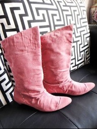 百貨專櫃品牌iki2粉紅色麂皮靴中筒靴低跟鞋靴子鞋子長靴中靴尺寸24/38