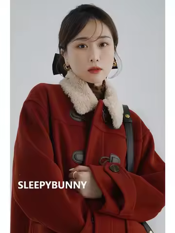 Lamb Wool Collar Duffle Coat Women Long Wool-Like Overcoat Elegant Loose Fit Warm Winter Fashion Out