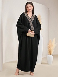 SHEIN Najma 女用刺繡梭織腰帶蝙蝠袖連身裙