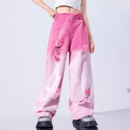 กางเกงยีนส์ขา Y2K สำหรับเด็กผู้หญิงกางเกงยีนส์สีชมพูชุดเต้นรำแนวฮิปฮอปกางเกงคาร์โก้แบบหลวมเสื้อกล้าม
