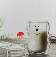 Valentine Crazy Promo while stock last! SG Stock. [Love Language SG] SG Seller. Double Wall Insulated Drinking Glass Cup Smiling Bear 280 ml with Lid