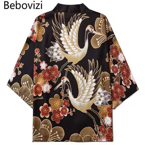 Bebovizi Japanese Crane Kimono Women Cardigan Yukata 2020 Fashion Men Haori Obi Clothing Asian Shirt