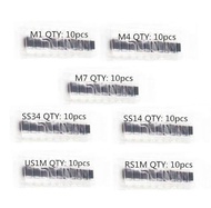 70ชิ้น7ค่า SMD Rectifier Schottky Diode M1 M4 SS34 M7 SS14 US1M RS1M 10ชิ้นต่อมูลค่าบรรจุ SMA