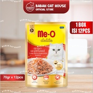 1 BOX ISI 12pcs ME-O DELITE POUCH Wet Cat Food Meo Kitten Adult Makanan Kucing Basah Real Fish Iklan Asli Sachet Tuna Bonito Crab Ocean Fish Jelly Creamy Saset Wetfood Catfood Persian Persia Anggora Dewasa Kiten Treats Anak Bulu Lebat Panjang Lengkap