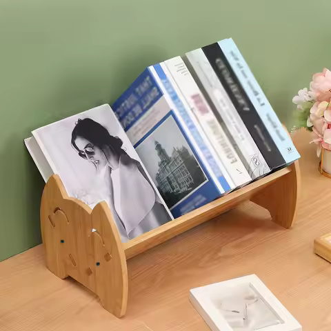 Bamboo Cat Small Bookshelf, Shelf Desktop Creative Book Stand Shelf, Office Desk Organizer, Simple B