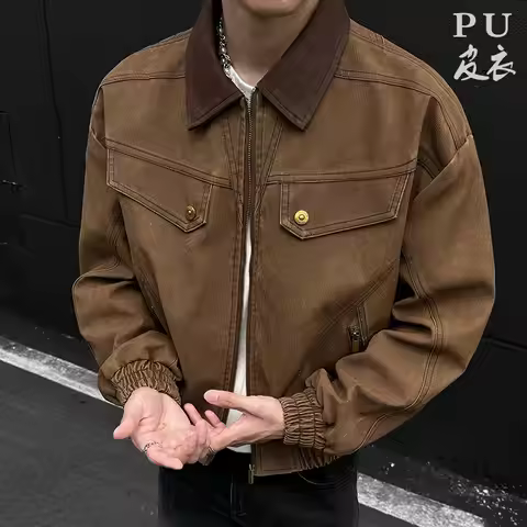 American retro vintage PU leather jacket, men's casual motorcycle leather jacket, men's loose leathe