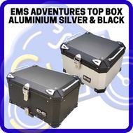 EMS ADVENTURES TOP BOX ALUMINIUM 30 LITRE SILVER AND BLACK BOX RIDE ALL MOTORCYCLE READY STOCK