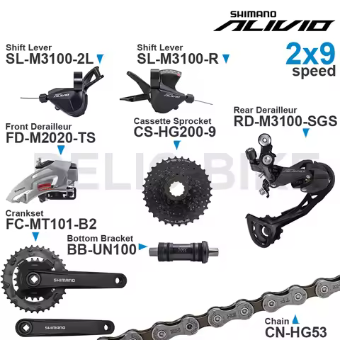 SHIMANO ALIVIO M3100 2x9 Speed Groupset with Shifter REAR and M2020 Front DERAILLEUR HG200 Cassette 