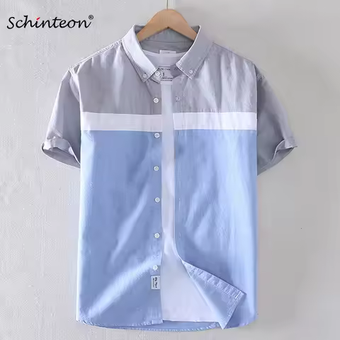 Schinteon Brand Men Summer 100% Cotton Shirt Oxford Short Sleeved Smart Casual Slim Patchwork Shirt 
