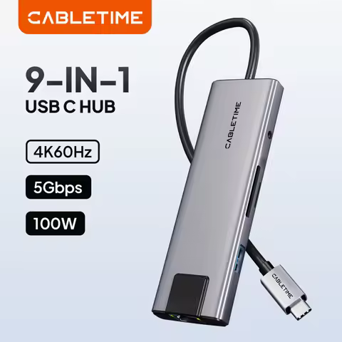 CABLETIME 9-in-1 USB C Hub Adapter 4K Splitter RJ45 HDMI SD TF Card Reader PD 100W Docking Station f