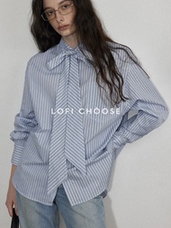 Lofi Choose Elegant Intellectual French Tie Striped Shirt Women Spring Loose Shirt คอโปโลแขนยาวผ้าผส