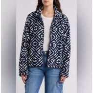 [Lv.cky Br@nd] Blue Brown Geo Print Faux Fur Zip Jacket With Pockets