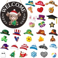 Christmas Gift 31pcs Highland Cow Sign Interchangeable Welcome Sign with Magnet Detachable Hats Cute