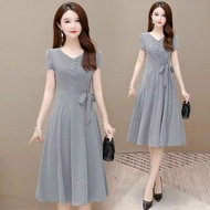 Đầm xòe dự tiệc dáng dài sọc caro eo thắt nơ sang trọng thanh lịch bigsize Thời trang Hưng Thịnh D06