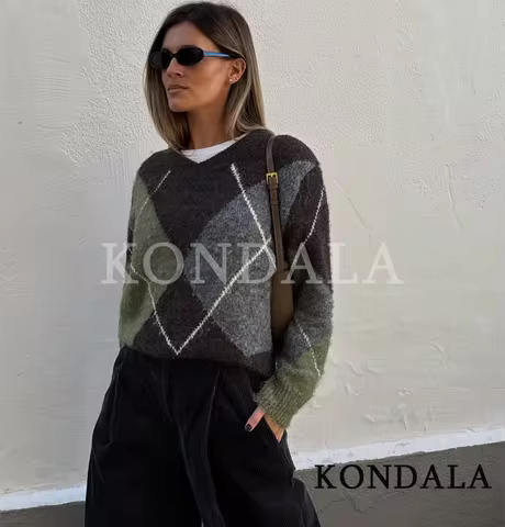 KONDALA Casual V-Neck Rhombus Sweater Women Elegant Simple Versatile Knit Sweater 2026 Spring Fall F