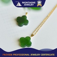 {UU61} 18k Pure Gold Four Leaf Clover Natural 14x14mm Grade A Green Jade Pendant Elegant Necklace