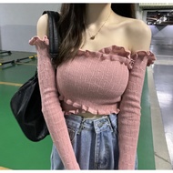 Elpis❤️ Off-Shoulder Long Sleeve Knitwear Top ❣️一字肩交叉短款长袖花边针织衫