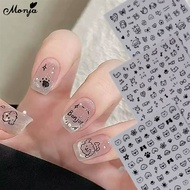 Monja 3D Nail Stickers Lovely Dog Cat Black Hand-painted Nail Decals Holographic Cute Cartoon Animal