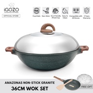 iGOZO Amazonas Non Stick Granite 36cm Wok [Free Items Frying Pan  24cm Cookware Set Kuali Periuk Bat