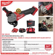 MILWAUKEE M18 FSAG100X-501B (FULL SET) M18 FUEL 100mm (4") Angle Grinder With Slide Switch M18 FSAG1