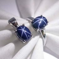 9x7 公釐 3 顆 925 純銀墜飾 戒指 藍色天然星光石戒指 婚戒或生日禮物