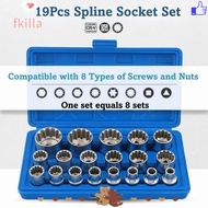 FKILLA 19 Pcs Spline Socket Set, Cr-V Metric 12 Point Socket Set, High Quality 1/2" Drive 6-Angle 8-