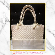 Naraya White Checkered Tote Hand Bag with Braided Strap and Bows