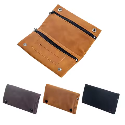Vintage PU Leather Tobacco Pouch Double Zipper Tobacco Rolling Bag with Pockets Frosted Tobacco Mois