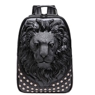 3D Lion Laptop Backpack Unique Designer PU Leather Fashion Travel Rivet Punk Backpack (black)