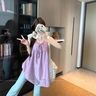 【Ready Stock】CNY韩系花边系带薄款背心女2025夏季新款宽松设计感小众纯欲吊带上衣    NEW YEAR CLOTHES