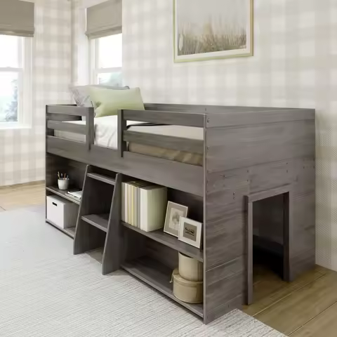 Modern Farmhouse Low Loft Bed, Twin Bed Frame for Kids with 2 Bookcases, Driftwood Wooden Bed Bunk B