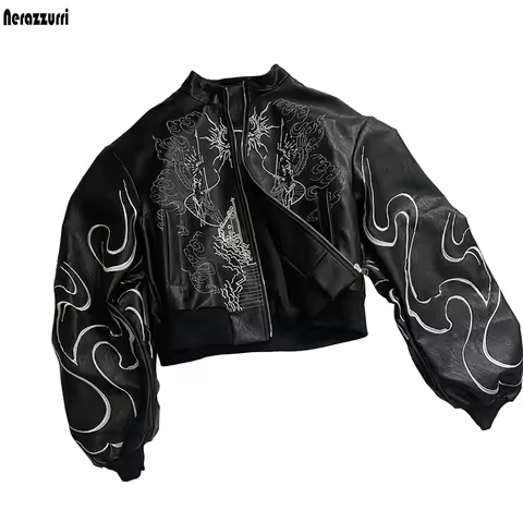 Nerazzurri Autumn Short Embroidery Black Pu Leather Bomber Jacket Men Luxury Designer Punk Style Emo
