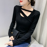 YIMEI เสื้อยืดคอกลมลายสี่เหลี่ยมสำหรับผู้หญิงเสื้อยืดแขนยาวผ้าฝ้าย2023ฤดูใบไม้ผลิแฟชั่นเกาหลีแบบบางใหม่
