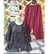 SETELAN WANITA TERBARU MOTIF BUNGA COMBI CELANA POLOS BAHAN KAIN RAYON TWILL KEKINIAN