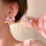 Dopamine Pink Begonia Flower Beaded Earrings Female Sweet Holiday Style Earrings Unique Niche Tian E