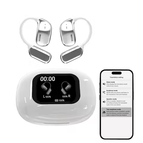 AI Language Translator Earbuds, Real-Time Voice Translation Bluetooth 5.4 Wireless Earphones, Open-E