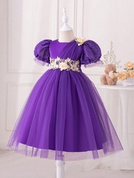 婚禮日記 Tsuki 年輕女孩短款蓬蓬袖花裝飾紫色長裙,優雅正式禮服,適用於生日派對、婚禮、花童