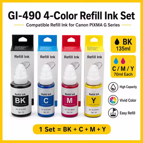 GI-490 Ink Bottle 4-Color Set High Yield 6000/7000 Pages for Canon PIXMA G1400 G2400 G3400 G4400 G14