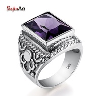 Real 925 Sterling Silver Heavy Signet Rings Men's Massive Amethyst 12*16mm Stone Party Male Vintage Jewelry Gift For Husband Top
