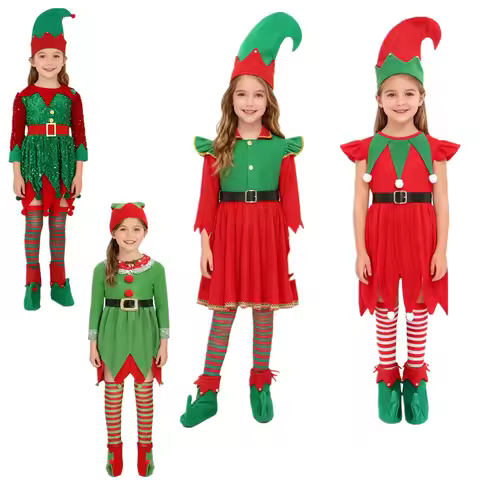 Elf Girl Christmas Costume Santa Claus Helper Elves Dress with Belt Long Socks Hat Shoes Covers Fanc