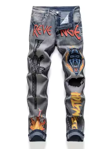 New M4 Wolf Head Flame Print Y2K Full Sweep Retro Trend Straight Jeans