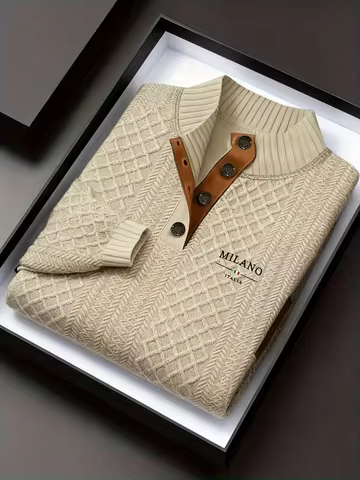 Men's Autumn Winter Stand Collar Knitted Sweater Casual Mature Fashionable All-over Patterned Crew N