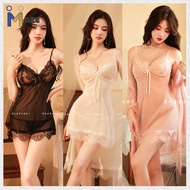 [MAZE TRADING] 3-Pieces One Set Deep V Robe Dress Sexy Sleepwear Lingerie Nightwear Pyjamas Baju Tid