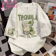 Cupids Retro Tequila Cocktail T-shirt Faux Embroidery Tequila Glass Loose Casual Daily Tee