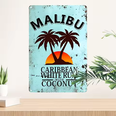 Vintage Malibu Caribbean White Rum With Coconut Metal Tin Sign Retro Palm Tree Sunset Wall Art Decor