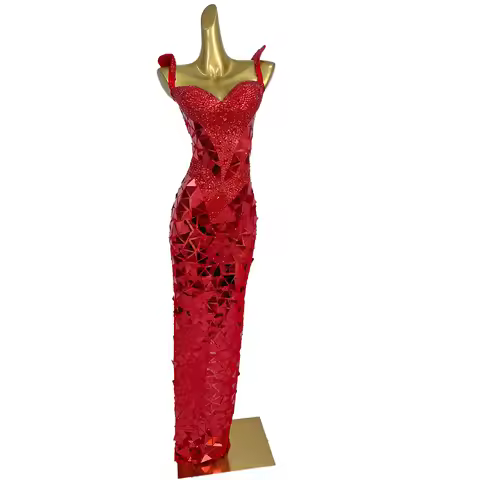 Hongjingpian Gorgeous Red Evening Dress Sparkling Diamond Geometric Mirror Dress Christmas Halloween