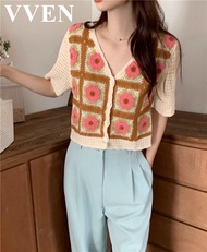 VVEN ladies floral elegant crochet top knitted cardigan cropped checked knitted blouse summer outfit