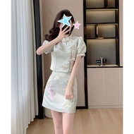 New Chinese Style National Style Cheongsam Skirt Suit Women 2024 Summer Retro Short Top Skirt Two-Pi